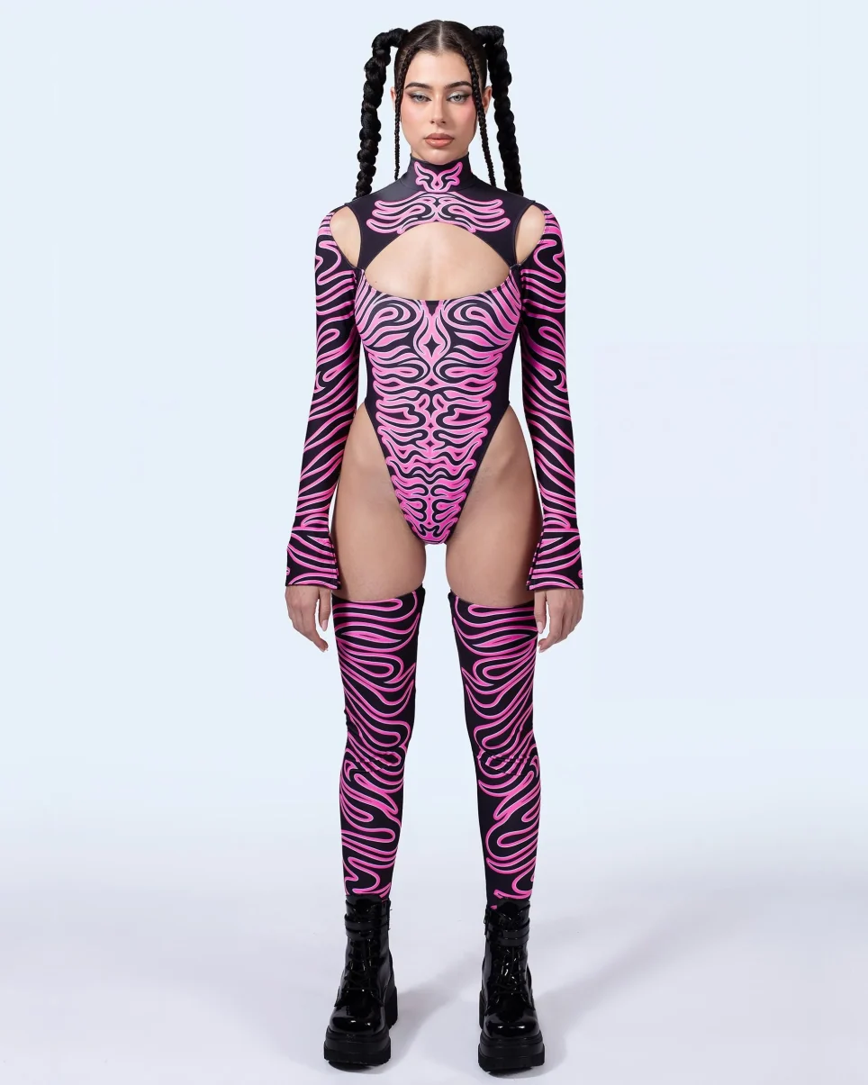 Badinka Eye of The Pink Tiger Women's 2pc Keyhole Bodysuit With Leg Warmers