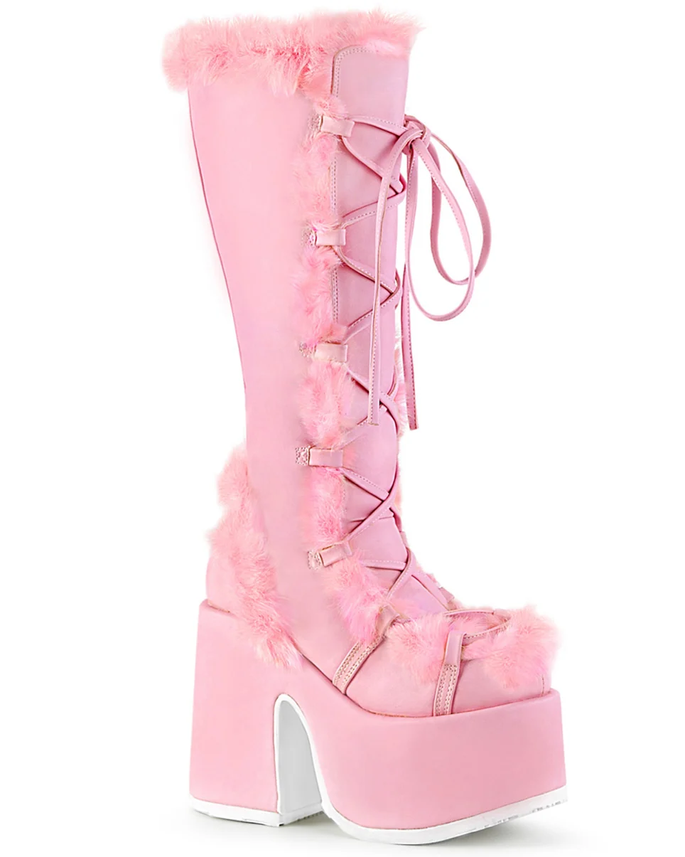 Demonia Pastel Pink Furry Winter Faux Fur Boots - Image 6