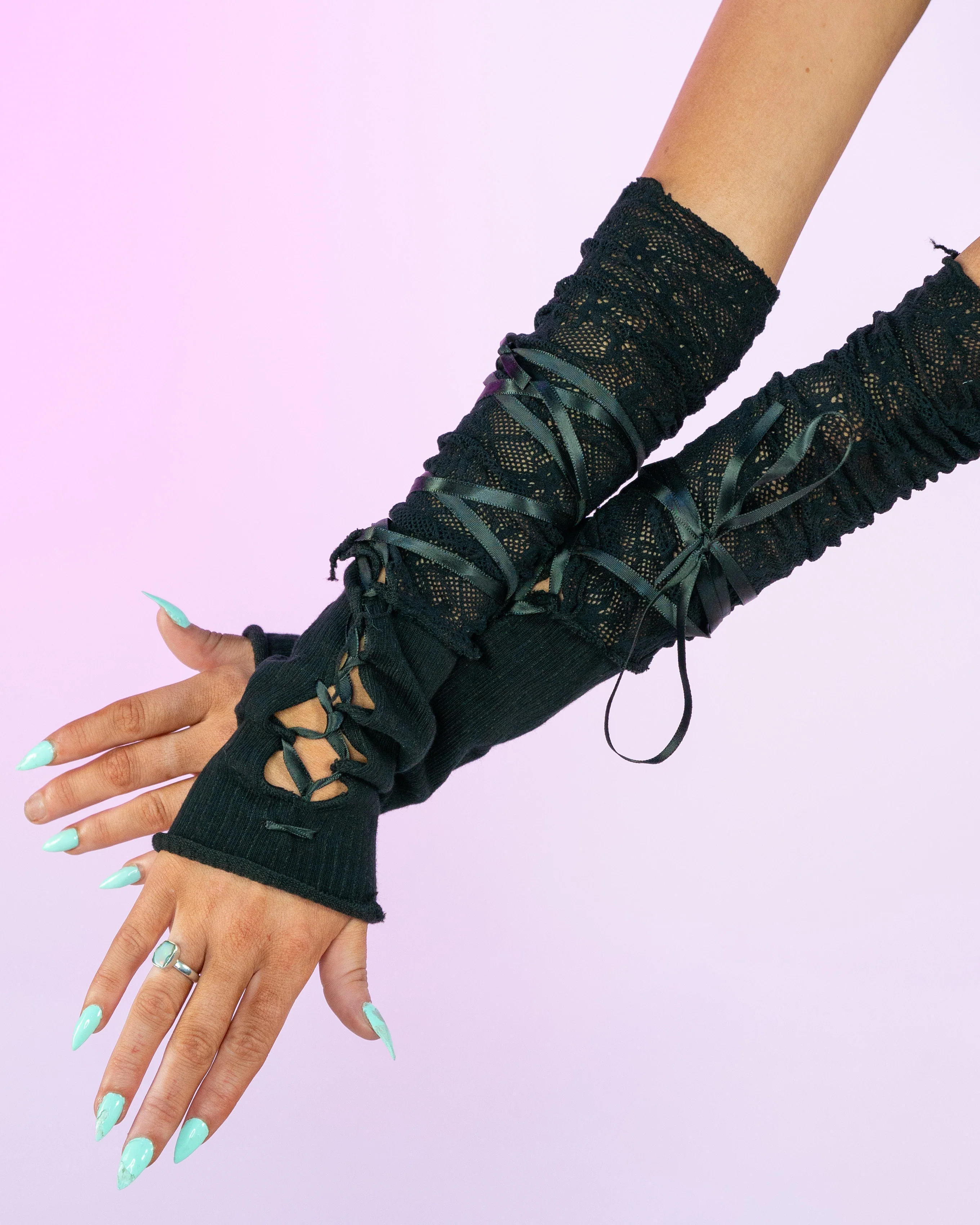 Criss Cross Lace Elbow Gloves (Pair) - Image 2