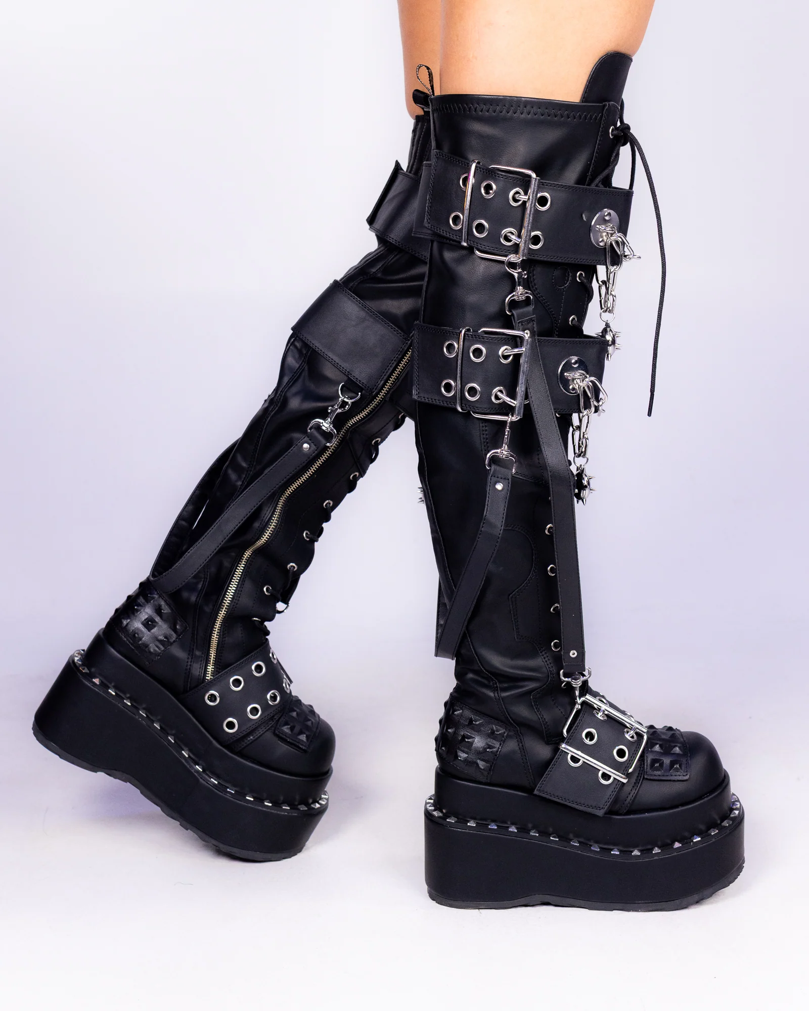 Demonia Bear Spike Matte Black Women's Thigh High Platform Boots - Image 2