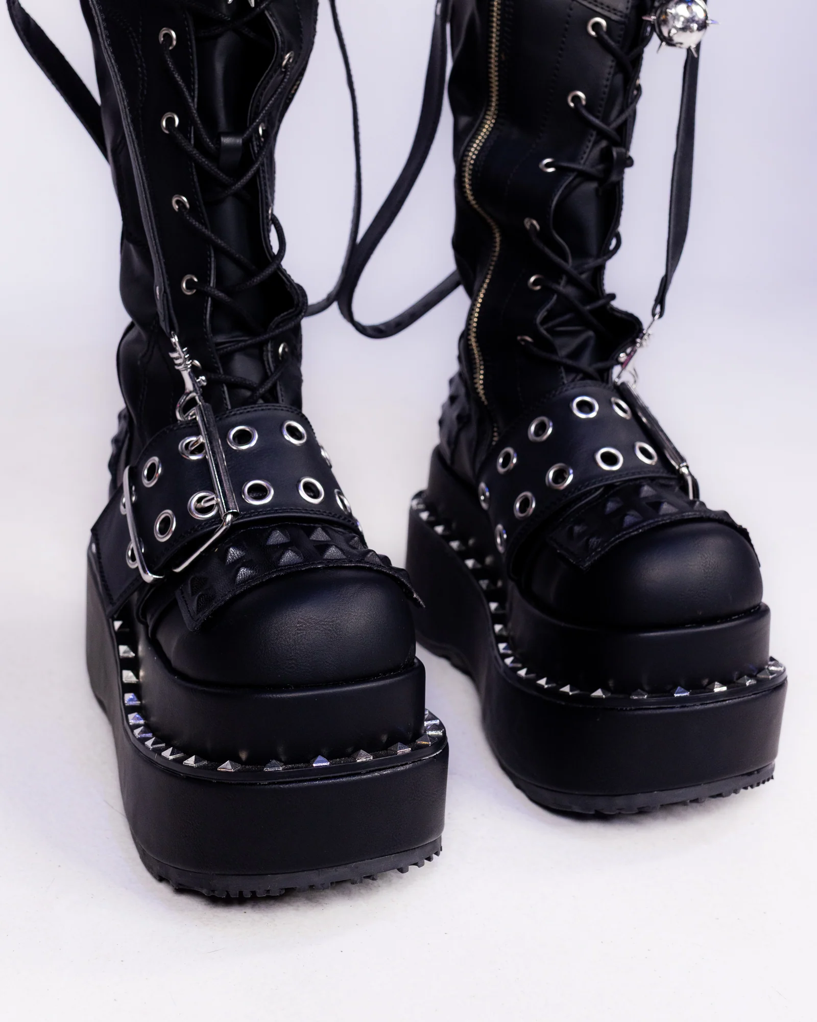 Demonia Bear Spike Matte Black Women's Thigh High Platform Boots - Image 4