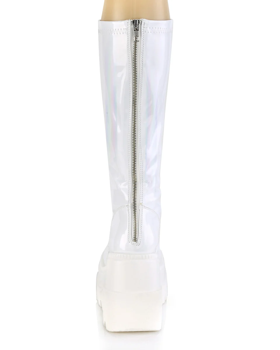 Demonia Shaker White Holo Knee High Boots - Image 3