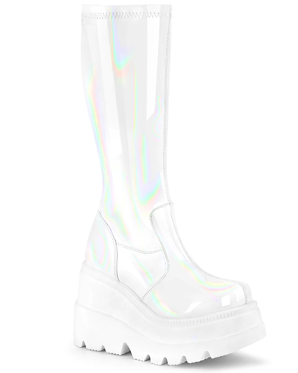 Demonia Shaker White Holo Knee High Boots - Image 4