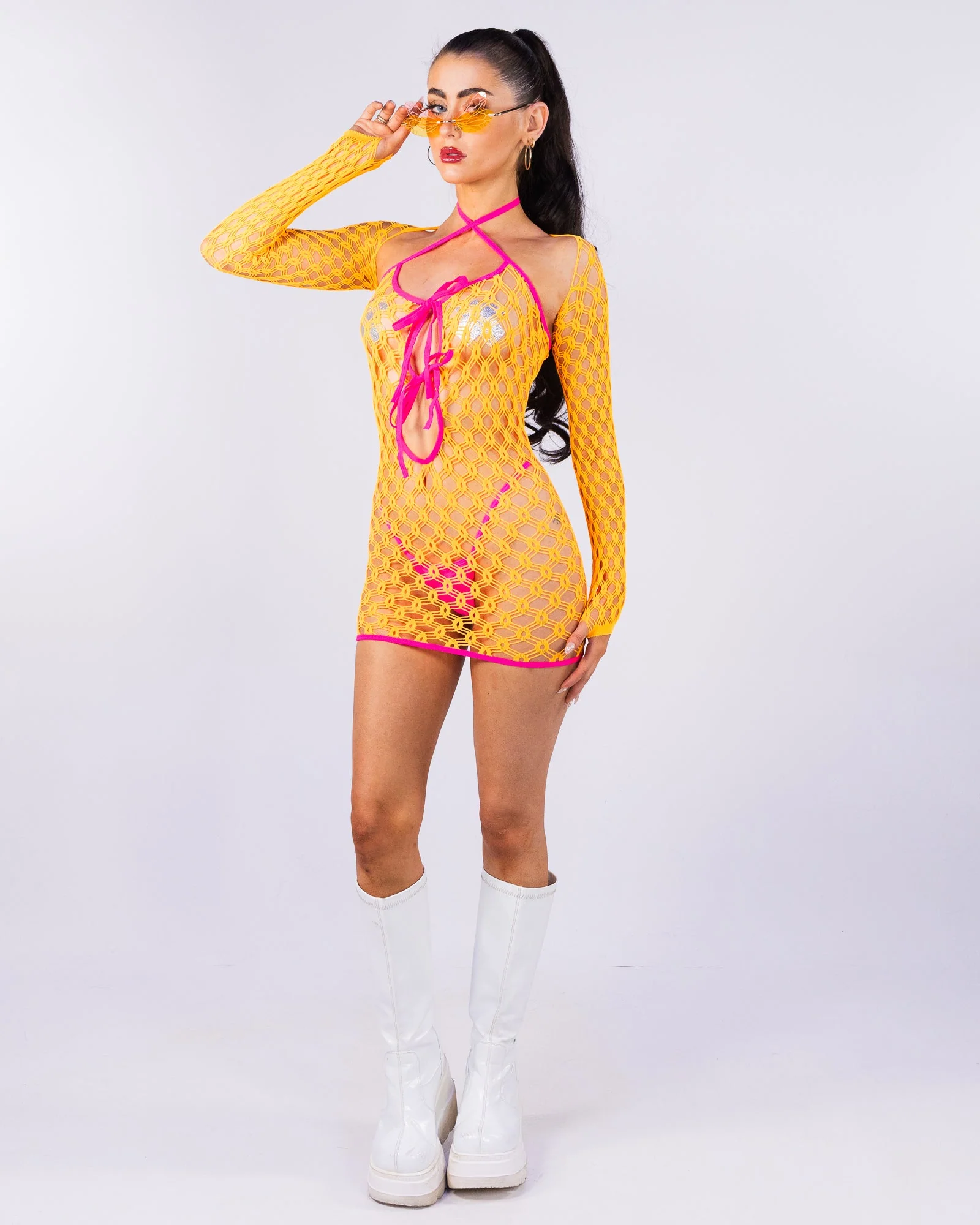 Electric Love Women's Yellow/Pink Net Dress - Image 7