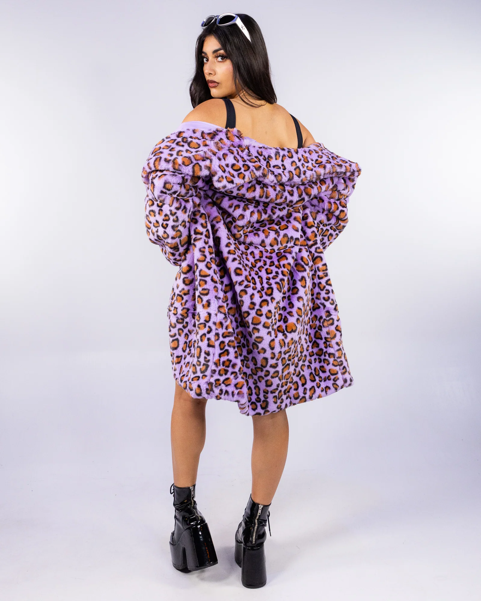 In The Jungle Unisex Purple Leopard Faux Fur Coat - Image 3