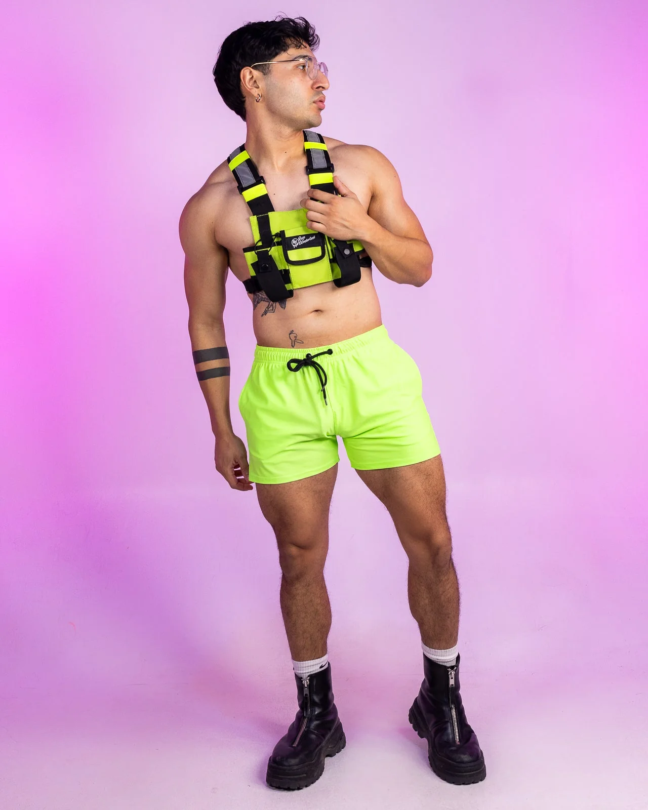Solid Neon Green Drawstring Shorts - Image 3