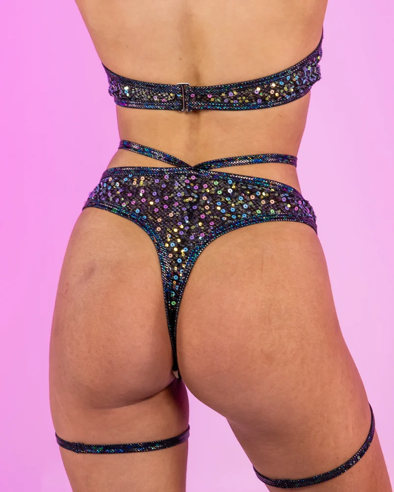 Diamond Rodeo Sequin Fishnet High Waisted Shorts w/ Attached Garter - Image 4