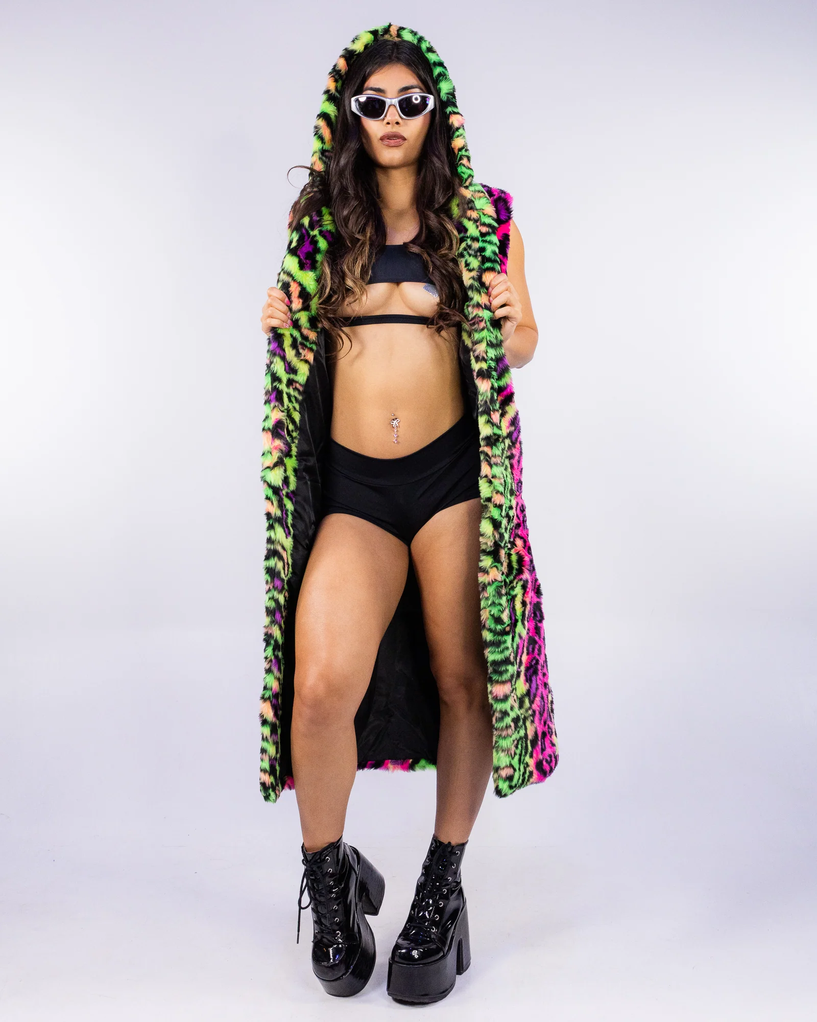 Wild Playa Unisex Neon Leopard Faux Fur Sleeveless Coat - Image 2