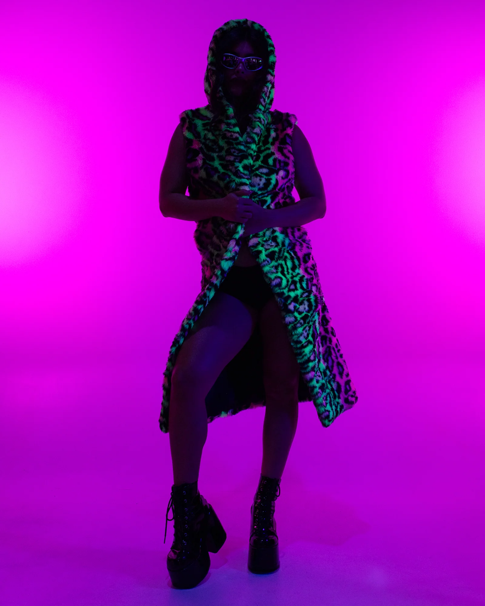 Wild Playa Unisex Neon Leopard Faux Fur Sleeveless Coat - Image 3
